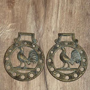 Antique Rooster Horse Brass Saddle Bridle Ornament Medallions Pair of 2